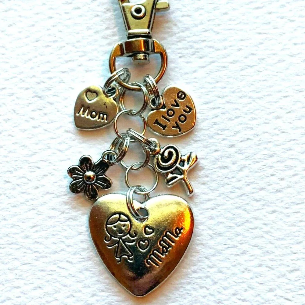 NWT Mom Mother Silver Purse Charm Key Chain Ring Engraved Heart Love Mama Floral - Picture 1 of 6